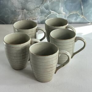 222 Fifth Studio Set of 5 Genuine Stoneware Coffee Mugs Sage Green Brown Striped
